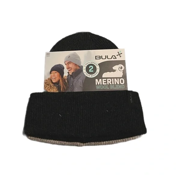 2 Pack BULA MERINO Beanies With Tags•One Size•Black and Grey - Picture 3 of 5